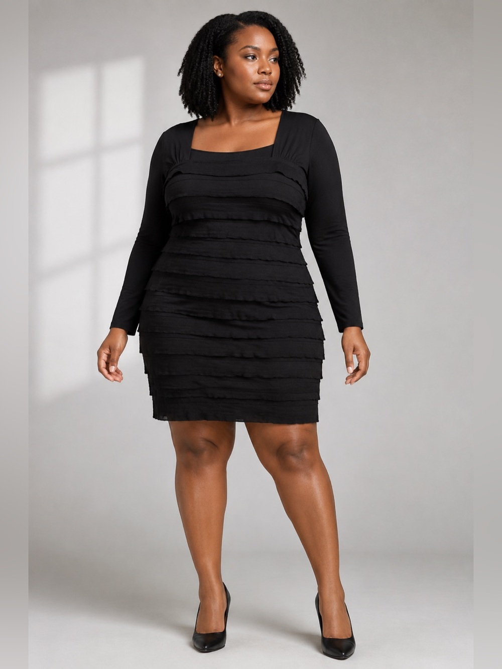 Max Edition Black Tiered Ruffle Square Neck Dress Size XL Long Sleeve